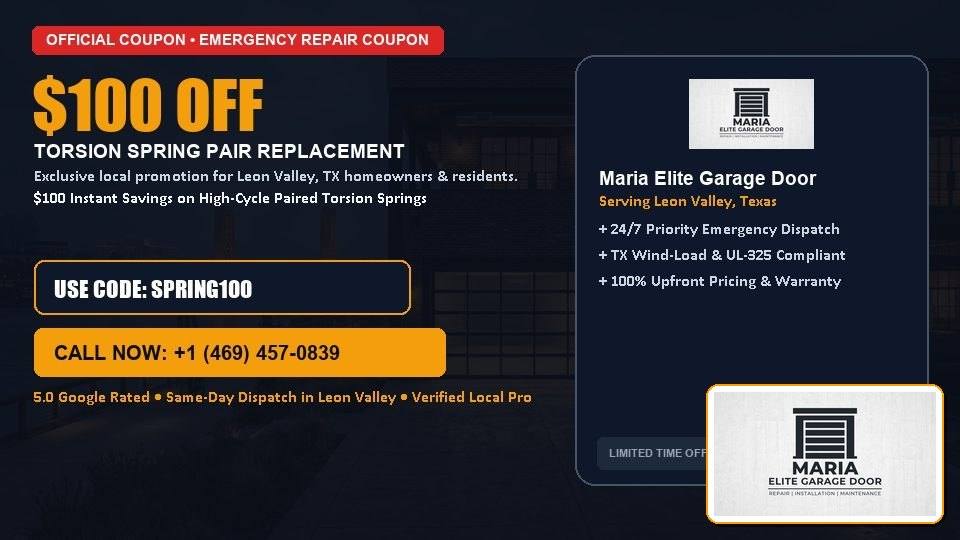 Maria Elite Garage Door $100 OFF Dual Torsion Spring Replacement in Leon Valley, TX